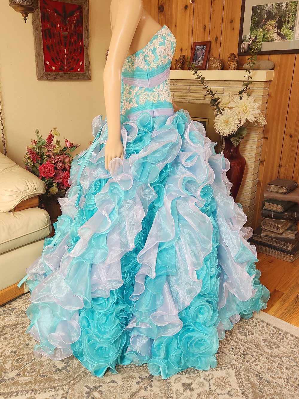 AUTHENTIC Mary’s Bridal Alta Couture Aqua Rosette Gown - Picture 2 of 11